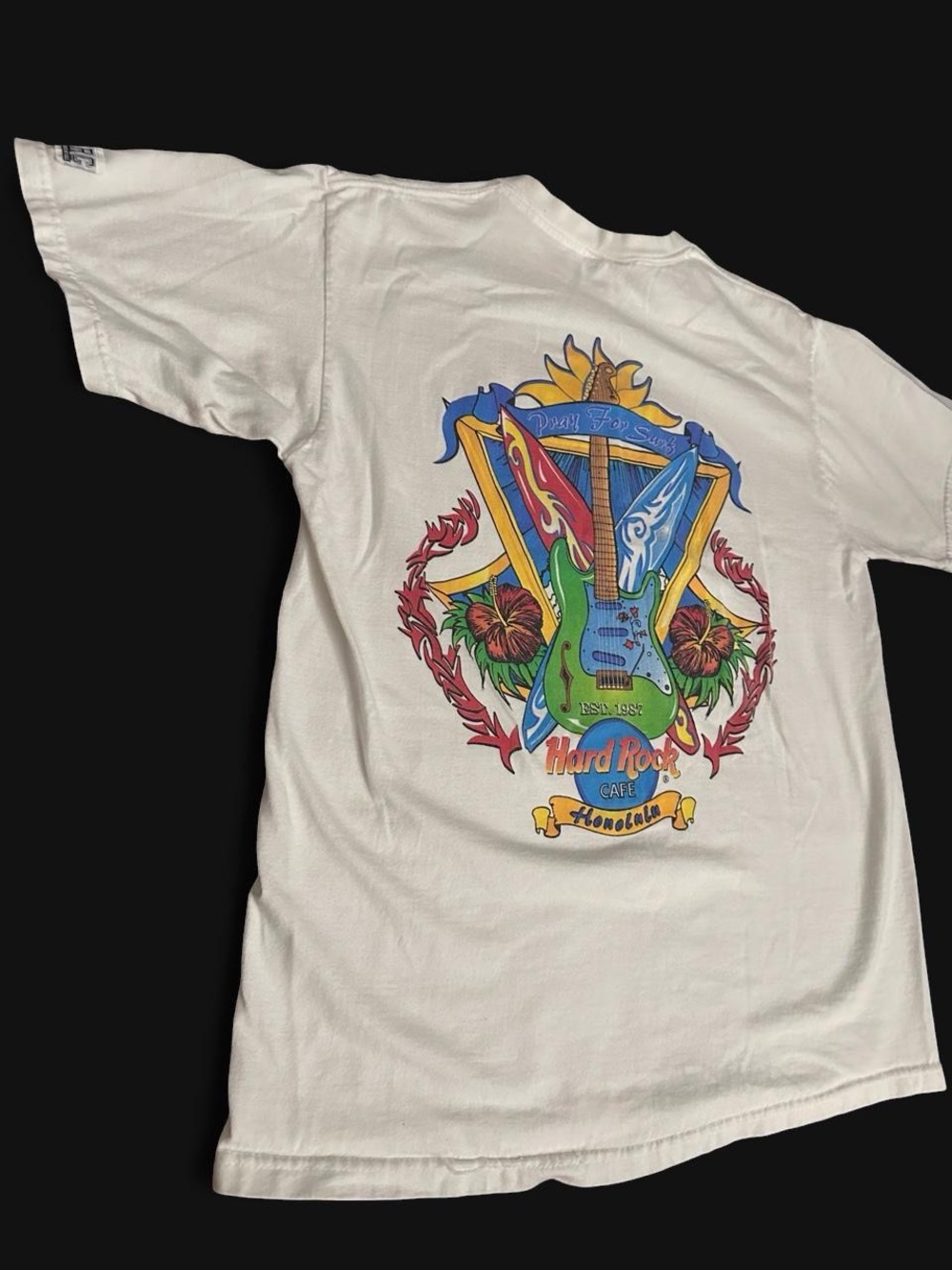Hard Rock Cafe White Tee with Multicolor Guitar Back Graphic medium hawaii